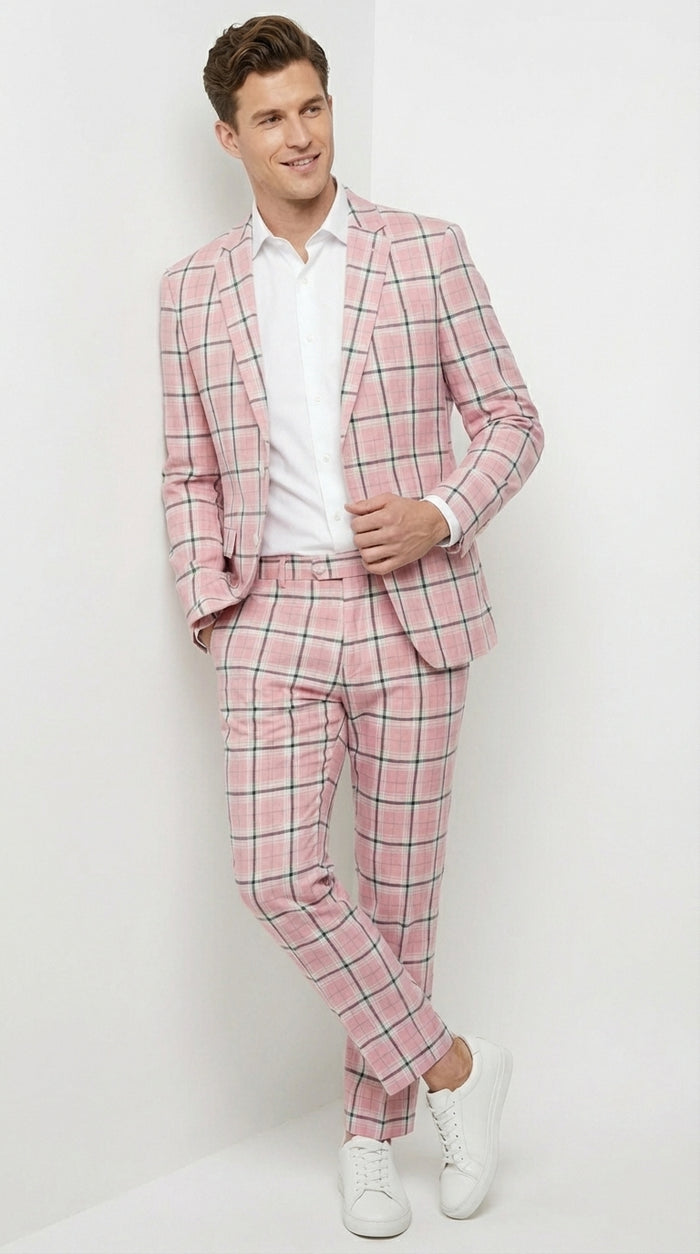 Mens Pink and Black Plaid Designer Suit Set – Stylish Suit with Check Pattern Jacket and Windownpane Summer Color