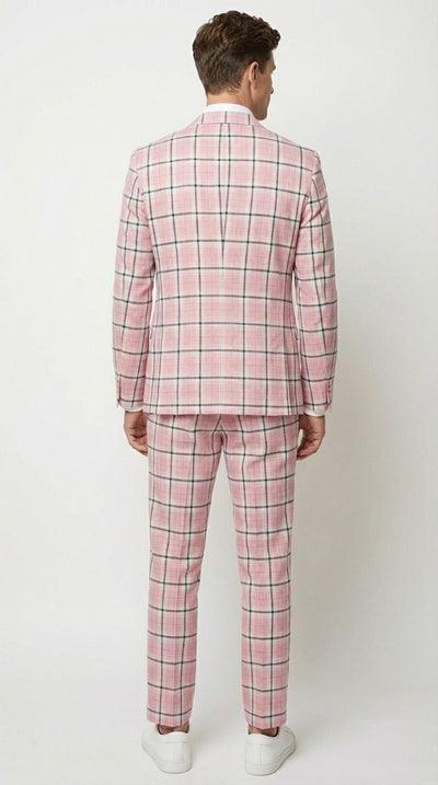 Mens Pink and Black Plaid Designer Suit Set – Stylish Suit with Check Pattern Jacket and Windownpane Summer Color