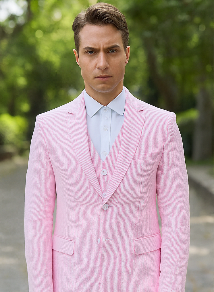 Mens Jacket + Pants Summer Seersucker Suit in Pink Pinstripe Pink / 52 Long Mens Jacket + Pants Summer Seersucker Suit in Pink Pinstripe Pink / 52 Long