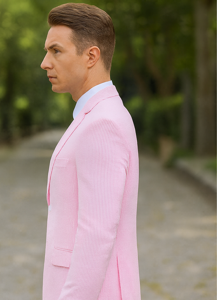 Mens Pink Seersucker Pinstripe Suit with Vest