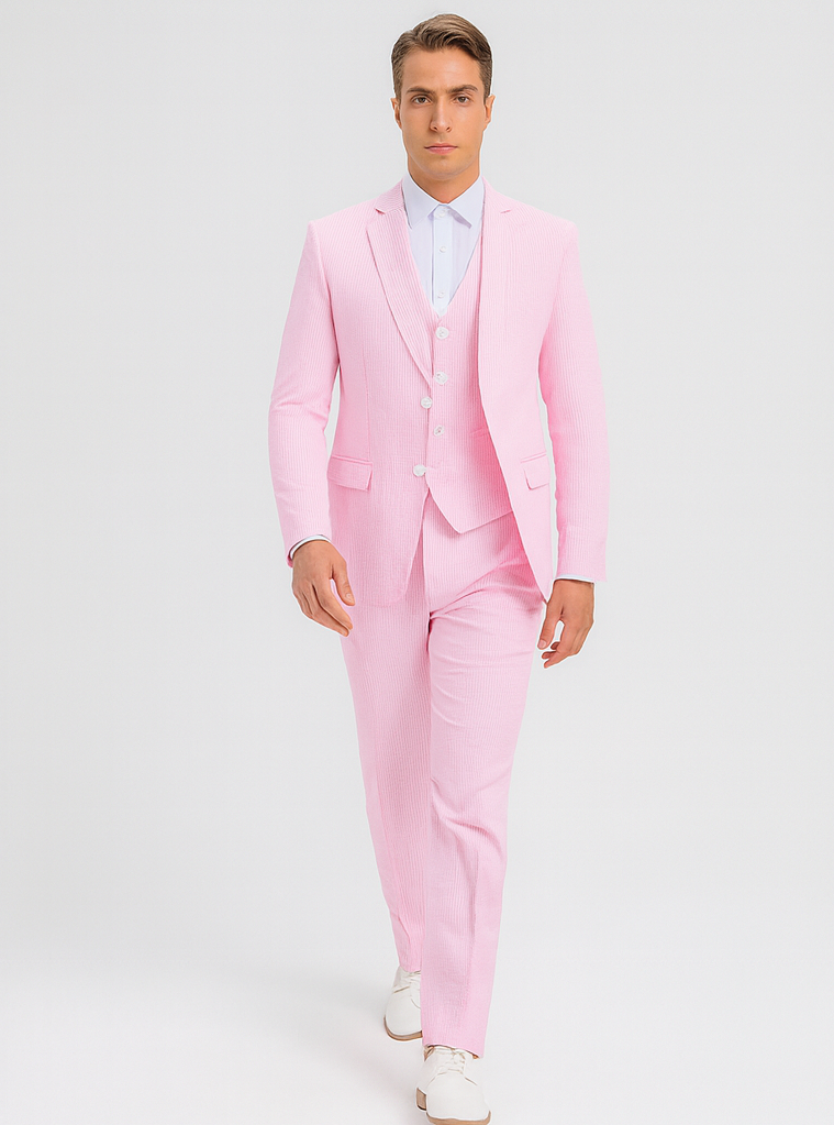 mens pink dress Mens Jacket + Pants Summer Seersucker Suit in Pink Pinstripe Pink / 52 Long
