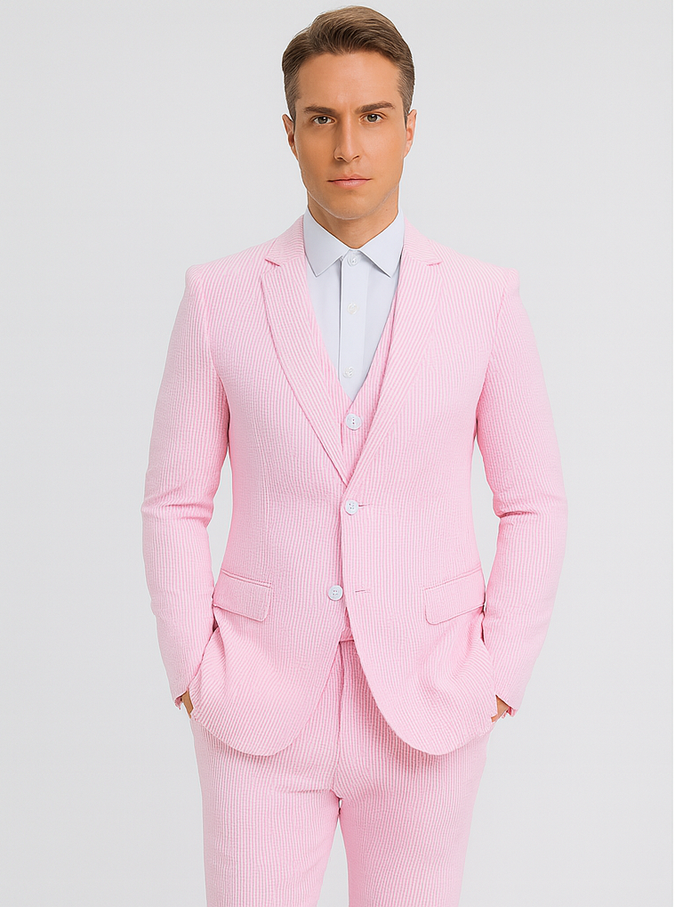 Mens Pink Seersucker Pinstripe Suit with Vest