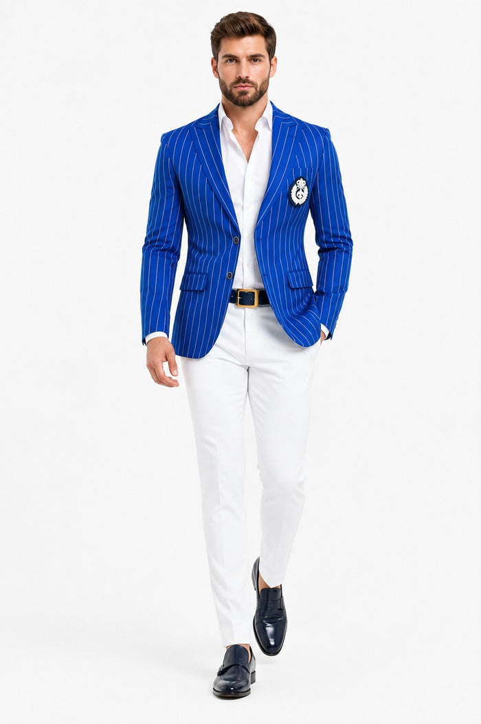 Royal Blue Pinstripe Blazer & White Pants Combo