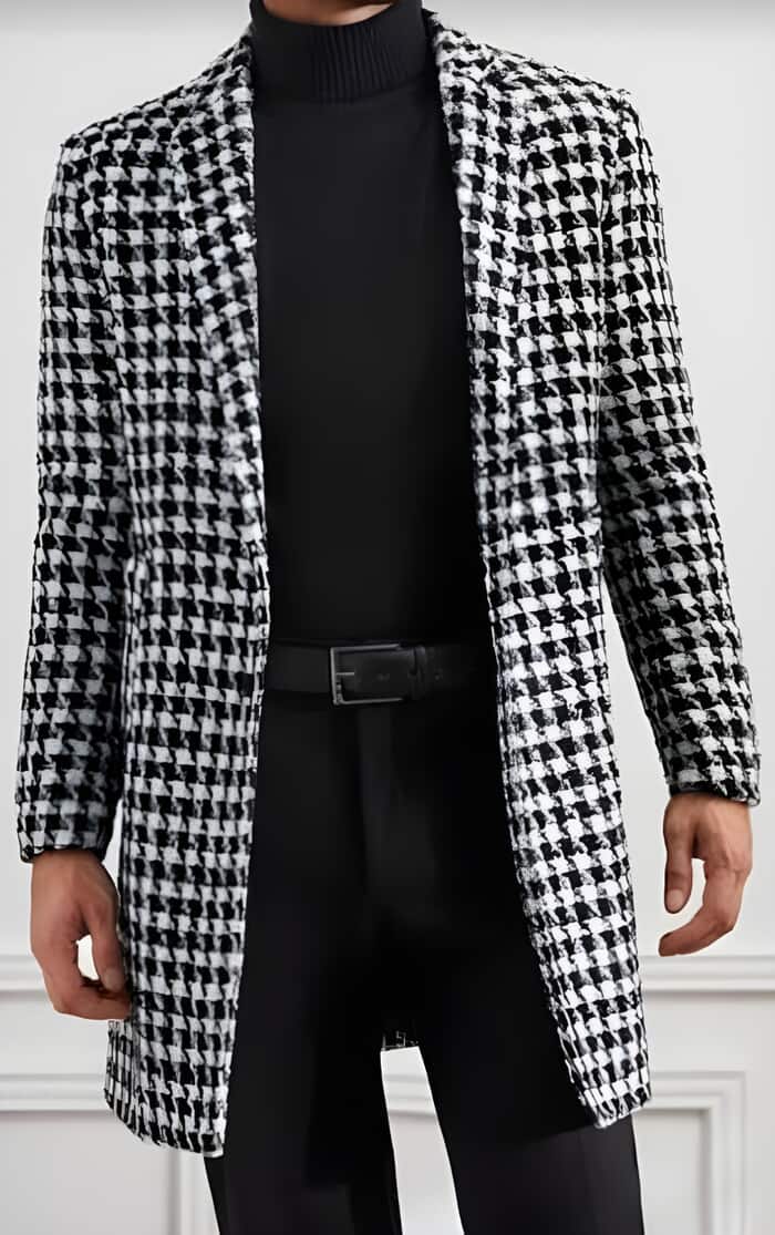 Mens Plaid Houndstooth Overcoat Black