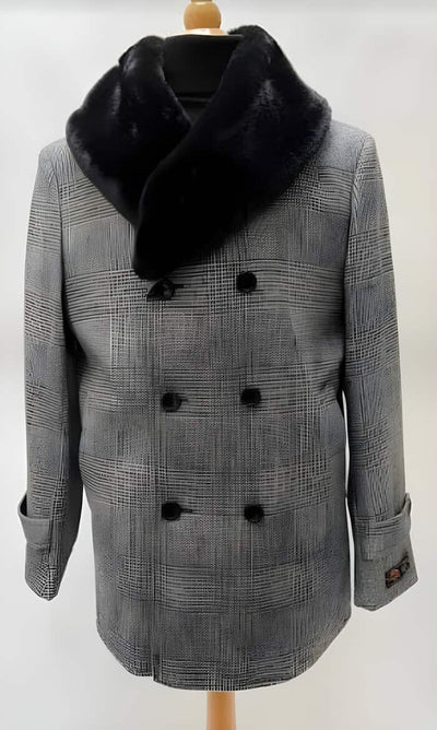 Men's Wool Plaid Overcoat Peacoat - Gray