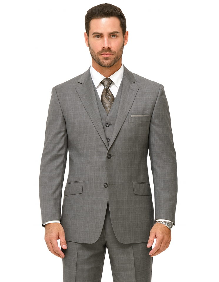 Mens Plaid Suit 2 button Vested windowpane Pant Suit Charcoal - Three Piece Suit
