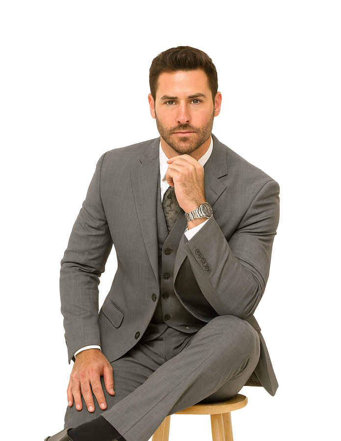 Mens Plaid Suit 2 button Vested windowpane Pant Suit Charcoal - Three Piece Suit