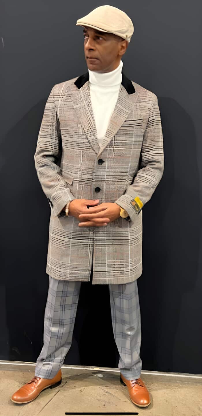 Plaid 3/4 Wool Topcoat with Peak Lapel
