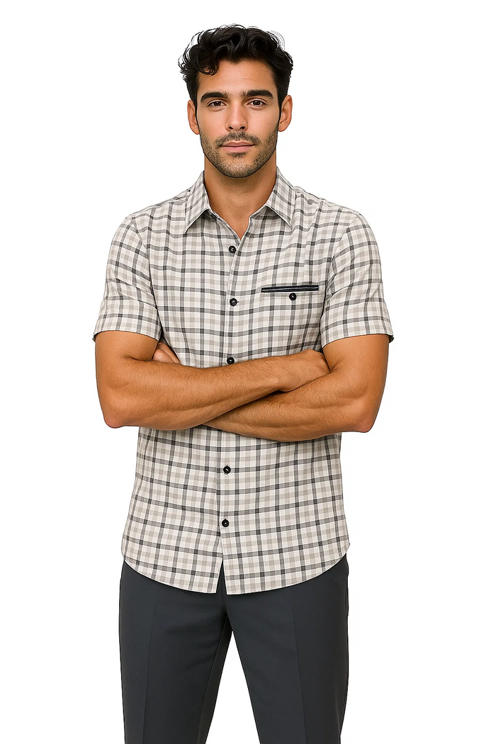 Mens Plaid Walking Suit in grey  by Dreams by Zacchi – 2 Piece Leisure Outfit with Matching Shirt and pant -$99