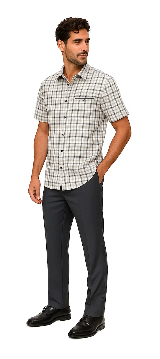 Mens Plaid Walking Suit in grey  by Dreams by Zacchi – 2 Piece Leisure Outfit with Matching Shirt and pant -$99