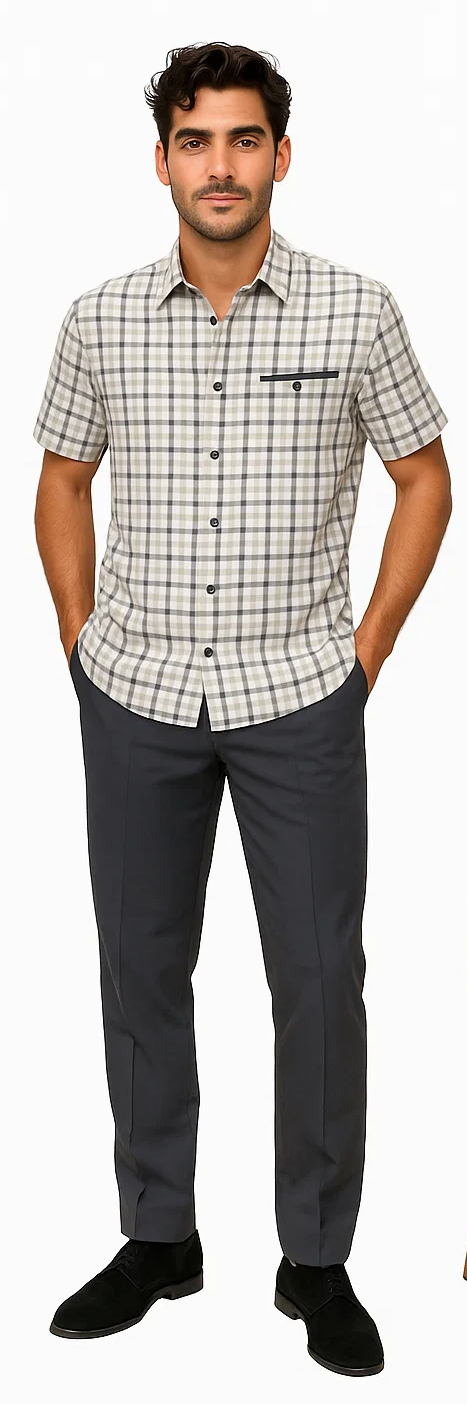 Mens Plaid Walking Suit in grey  by Dreams by Zacchi – 2 Piece Leisure Outfit with Matching Shirt and pant -$99