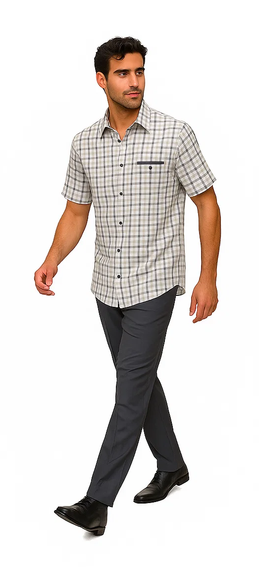 Mens Plaid Walking Suit in grey  by Dreams by Zacchi – 2 Piece Leisure Outfit with Matching Shirt and pant -$99