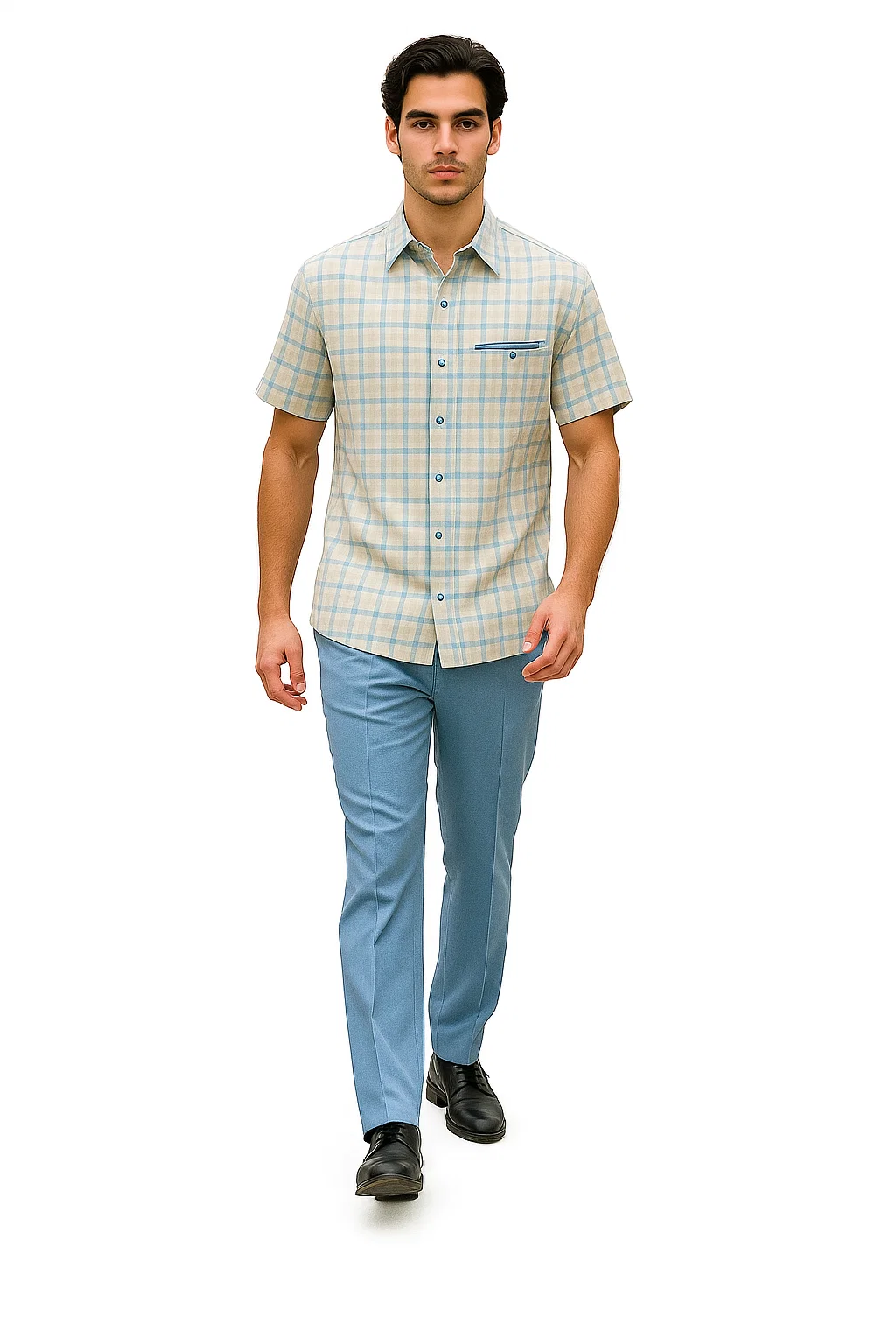 Mens Plaid Walking Suit in powder blue by Dreams by Zacchi – 2 Piece Leisure Outfit with Matching Shirt and pant -$99