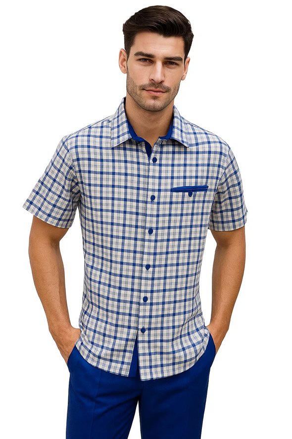 Mens Plaid Walking Suit in royal  by Dreams by Zacchi – 2 Piece Leisure Outfit with Matching Shirt and pant -$99