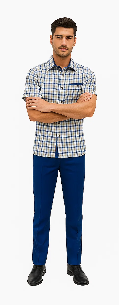 Mens Plaid Walking Suit in royal  by Dreams by Zacchi – 2 Piece Leisure Outfit with Matching Shirt and pant -$99