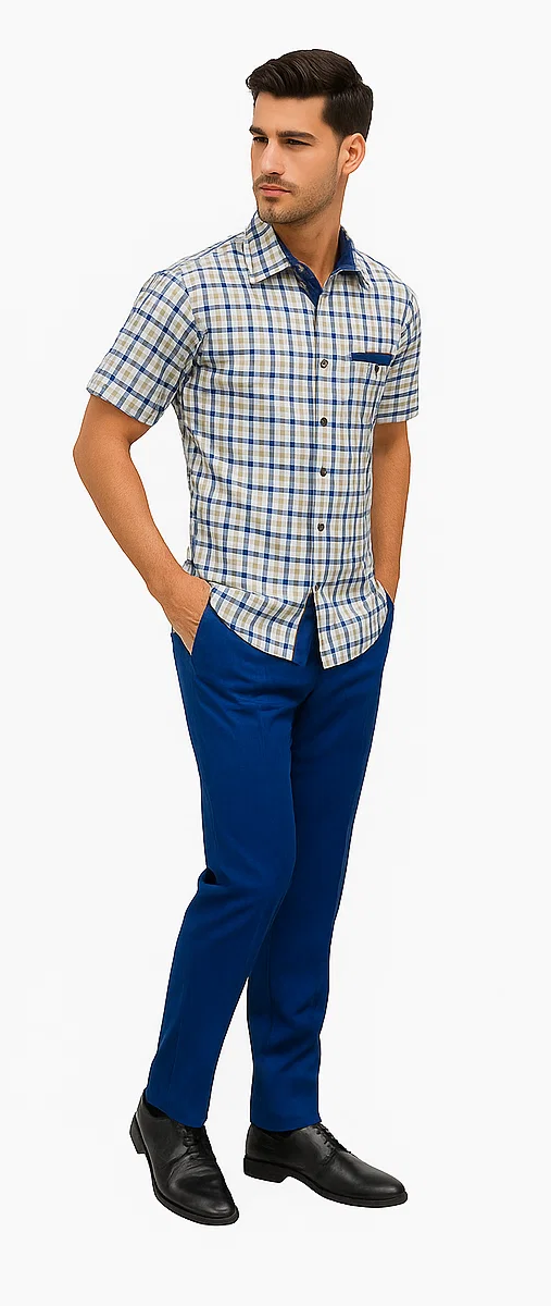 Mens Plaid Walking Suit in royal  by Dreams by Zacchi – 2 Piece Leisure Outfit with Matching Shirt and pant -$99