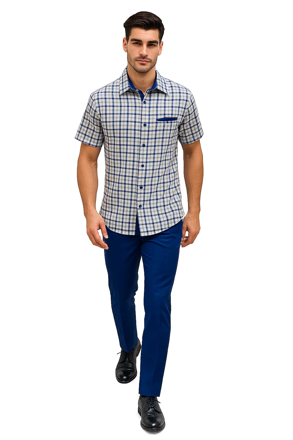 Mens Plaid Walking Suit in royal  by Dreams by Zacchi – 2 Piece Leisure Outfit with Matching Shirt and pant -$99
