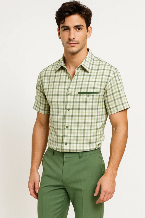 Mens Plaid Walking Suit in sage by Dreams by Zacchi – 2 Piece Leisure Outfit with Matching Shirt and pant -$99