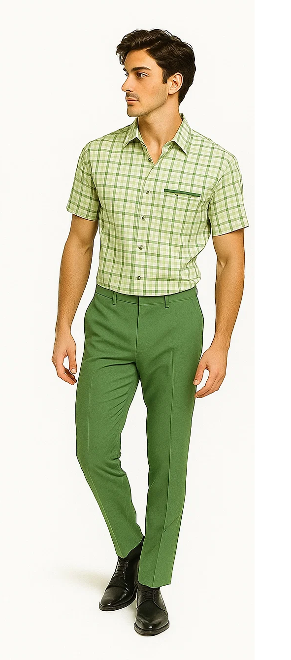 Mens Plaid Walking Suit in sage by Dreams by Zacchi – 2 Piece Leisure Outfit with Matching Shirt and pant -$99