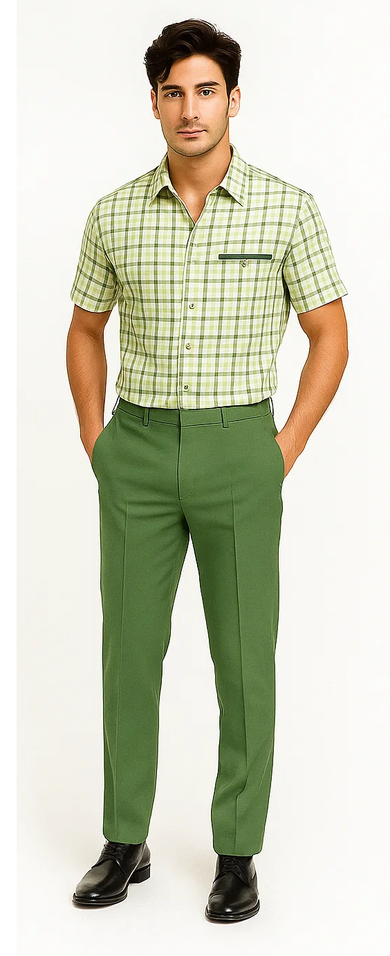 Mens Plaid Walking Suit in sage by Dreams by Zacchi – 2 Piece Leisure Outfit with Matching Shirt and pant -$99