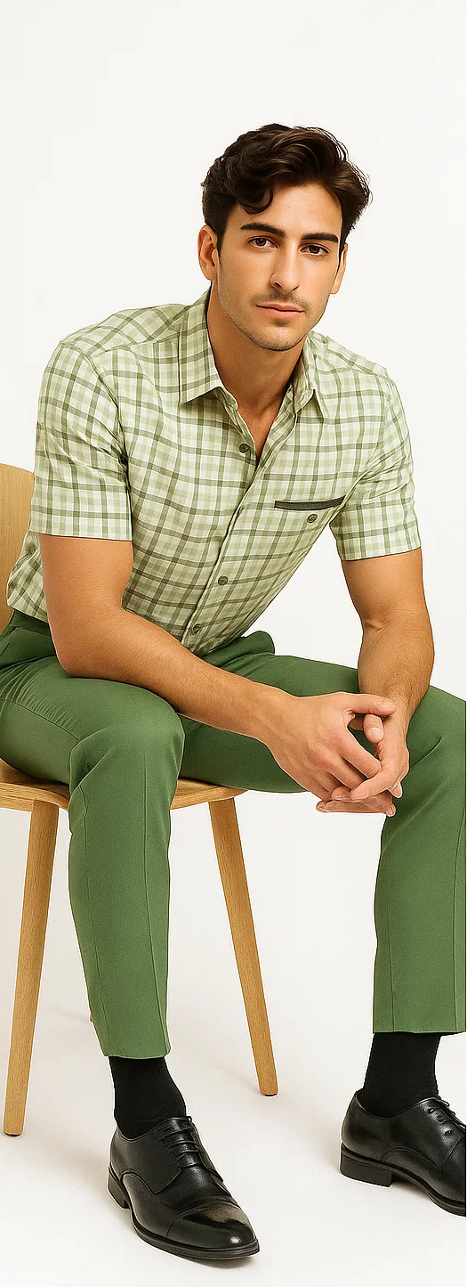 Mens Plaid Walking Suit in sage by Dreams by Zacchi – 2 Piece Leisure Outfit with Matching Shirt and pant -$99