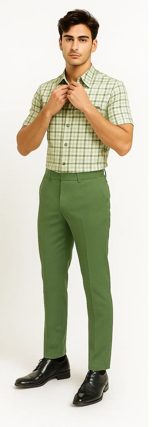 Mens Plaid Walking Suit in sage by Dreams by Zacchi – 2 Piece Leisure Outfit with Matching Shirt and pant -$99