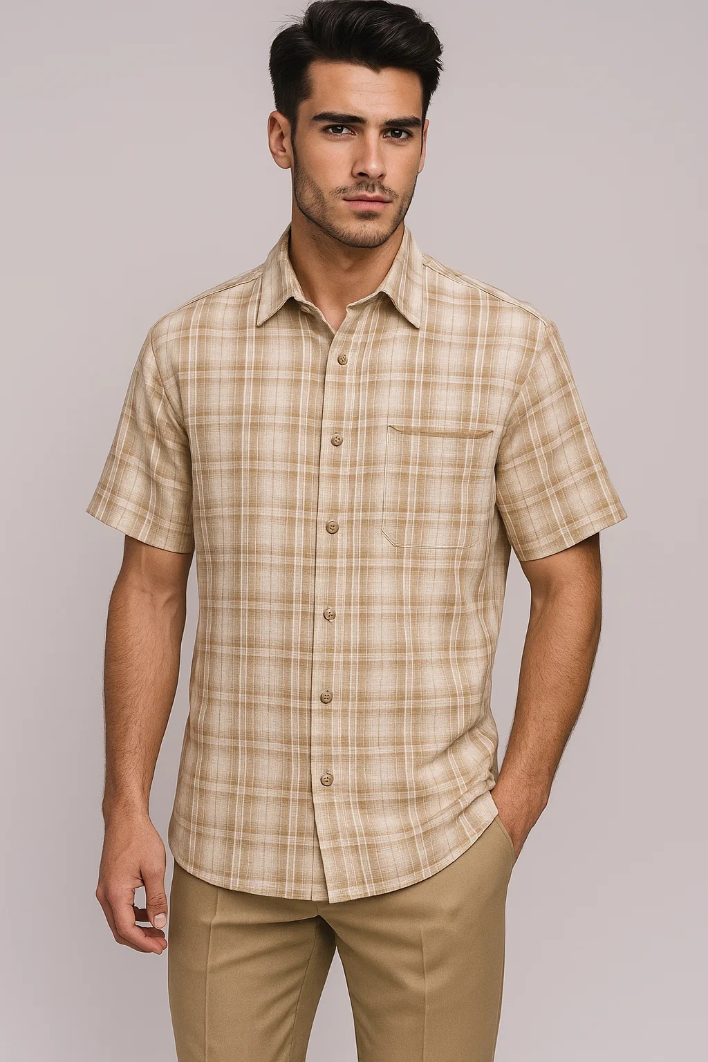 Plaid Tan Walking Suit by Dreams by Zacchi