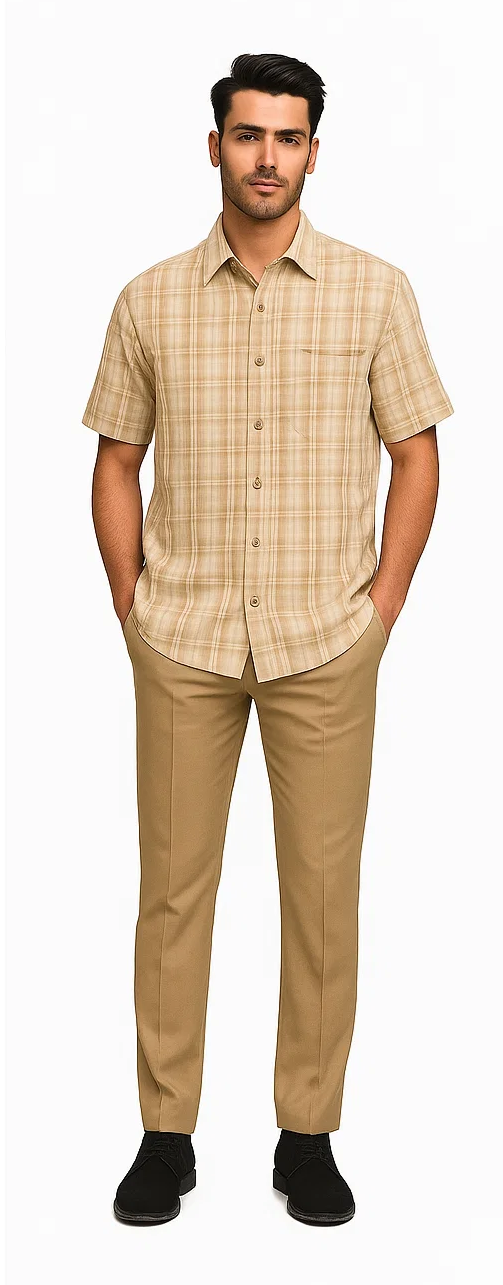 Plaid Tan Walking Suit by Dreams by Zacchi