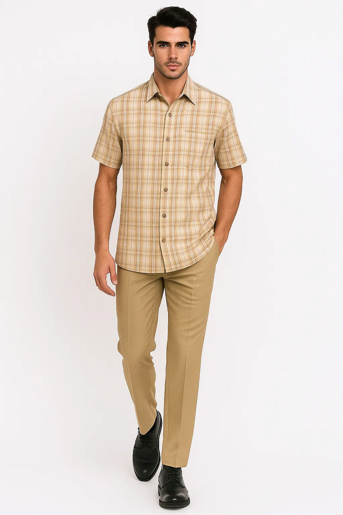 Plaid Tan Walking Suit by Dreams by Zacchi