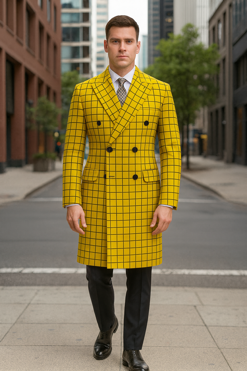 Men's Plaid Wool Peacoat in Yellow
