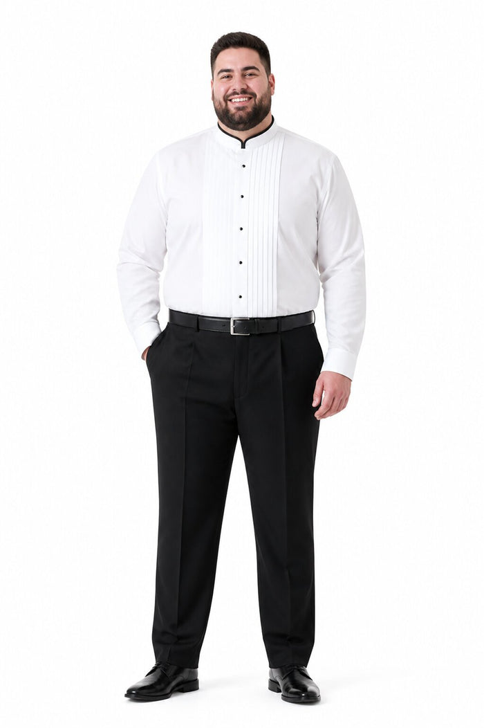 Black Banded Pleat Front Mandarin Shirt - White