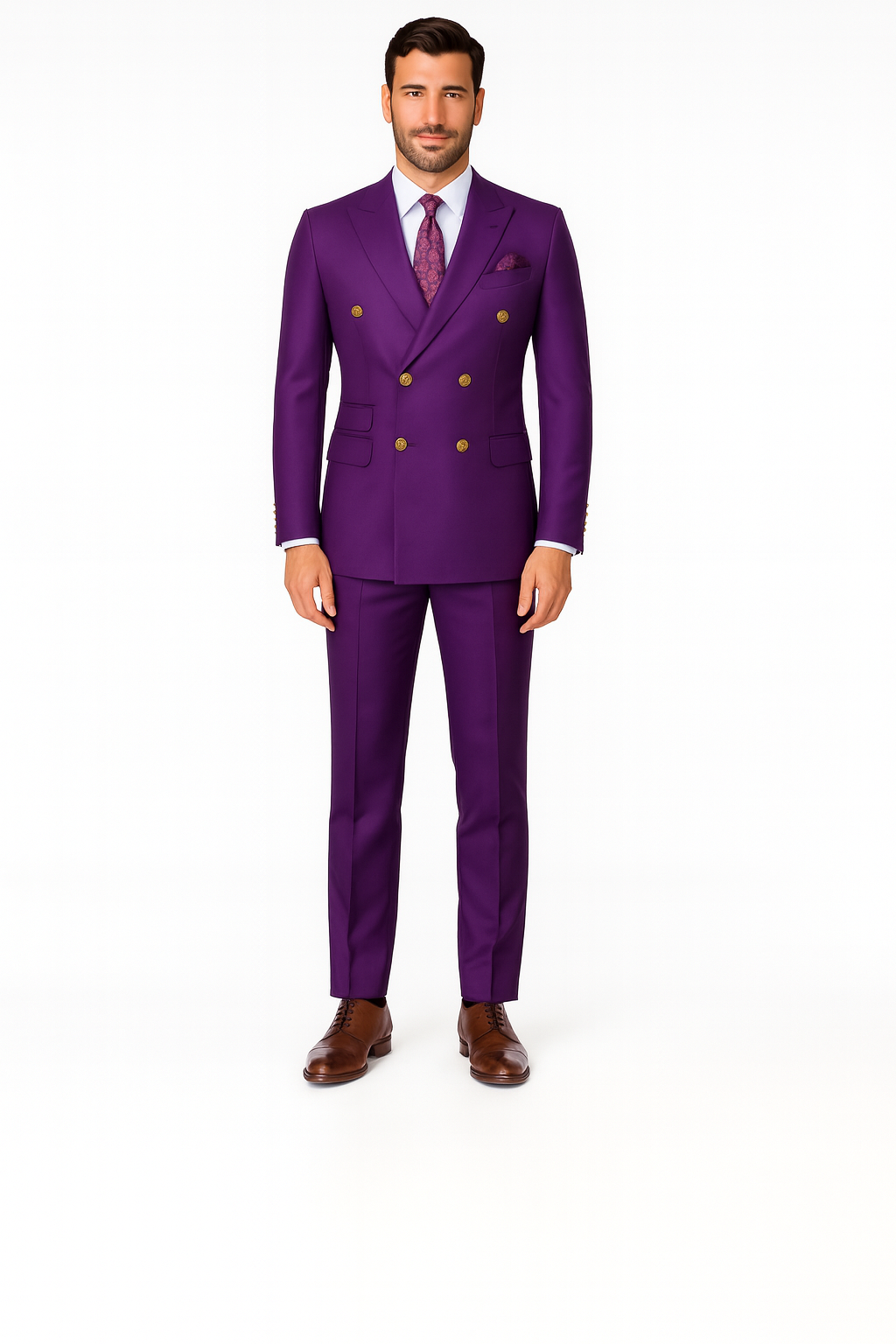 Double Breasted Wool Suit with Gold Buttons - Purple
