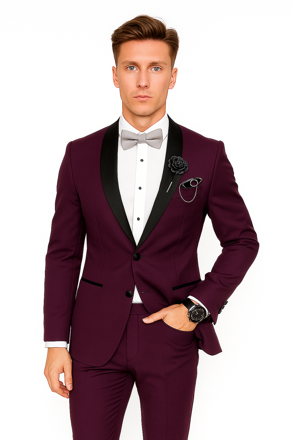 Men's Purple - Plum - Eggplant Jacket and Pants Two Button Shawl Lapel Tuxedo