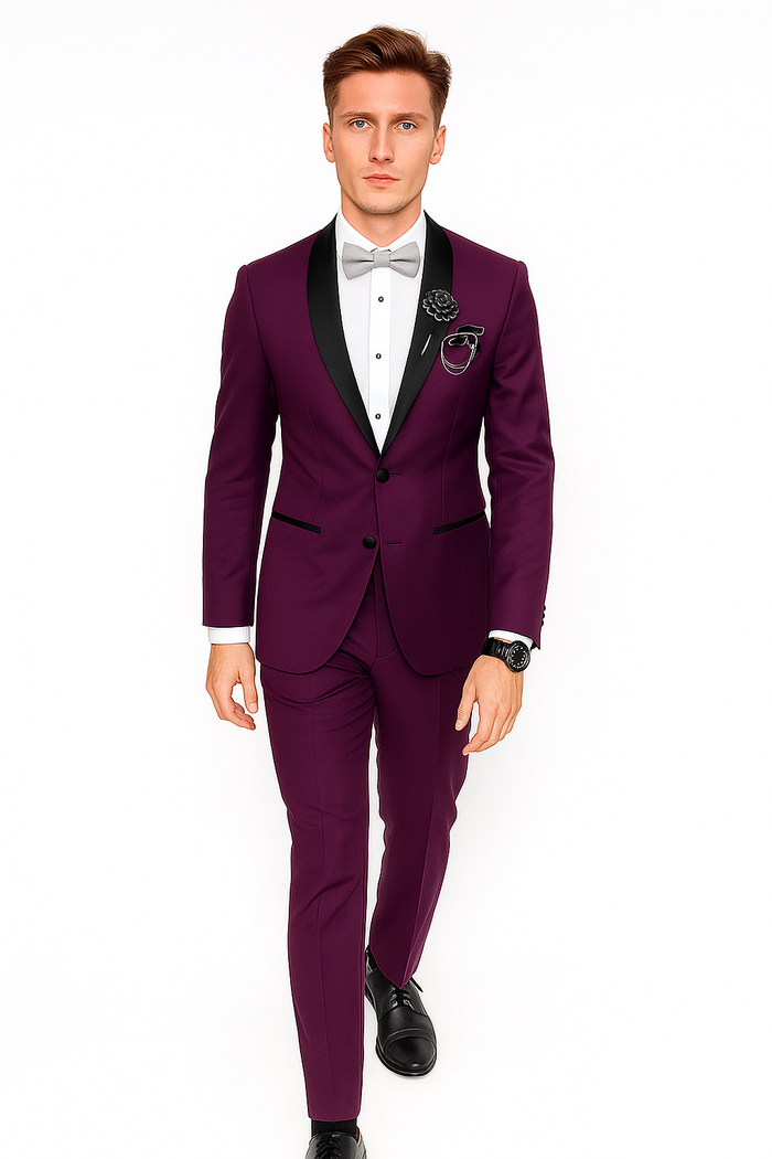 Men's Purple - Plum - Eggplant Jacket and Pants Two Button Shawl Lapel Tuxedo