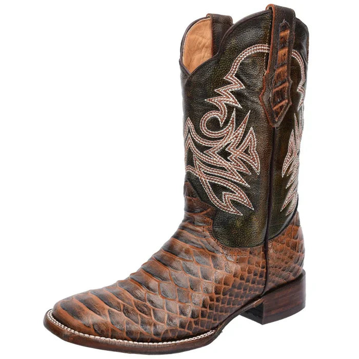 Men's Python Print Leather Square Toe Boots - Honey