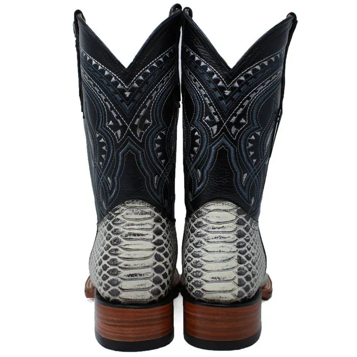 Men's Python Print Leather Square Toe Boots - Natural