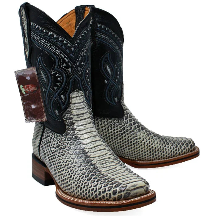 Men's Python Print Leather Square Toe Boots - Natural