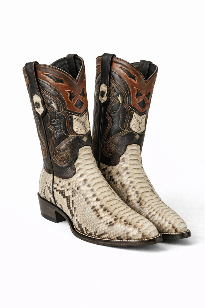 Python Skin Yellow Gold J Toe Boots for Men