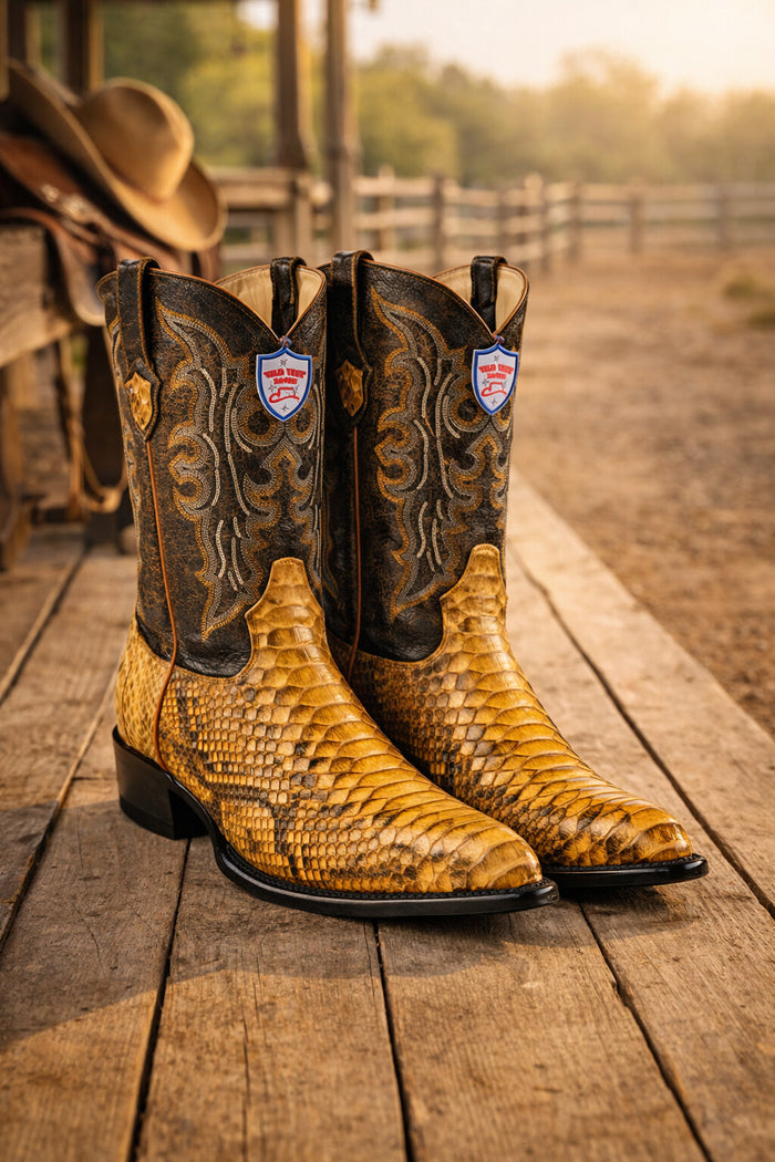 Python Skin Yellow Gold J Toe Boots for Men
