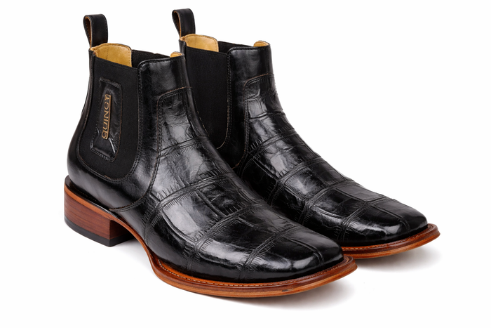 Caiman Belly Print Leather Square Toe Boots