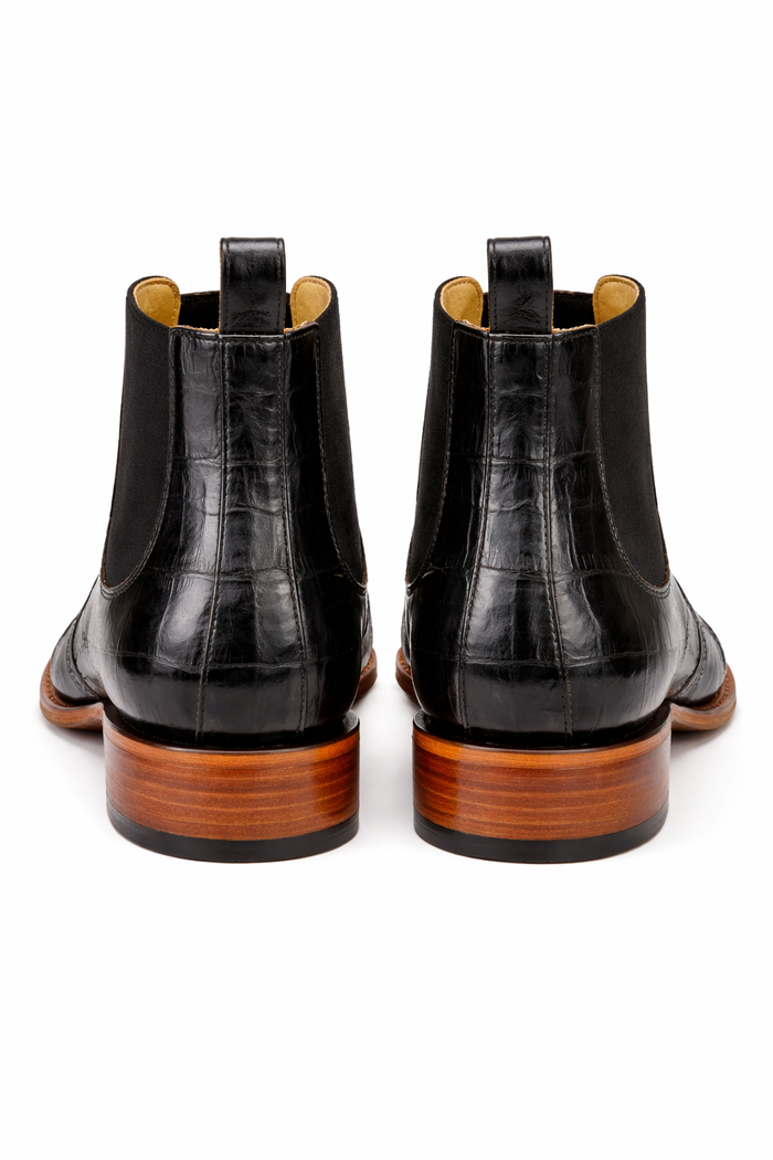 Caiman Belly Print Leather Square Toe Boots