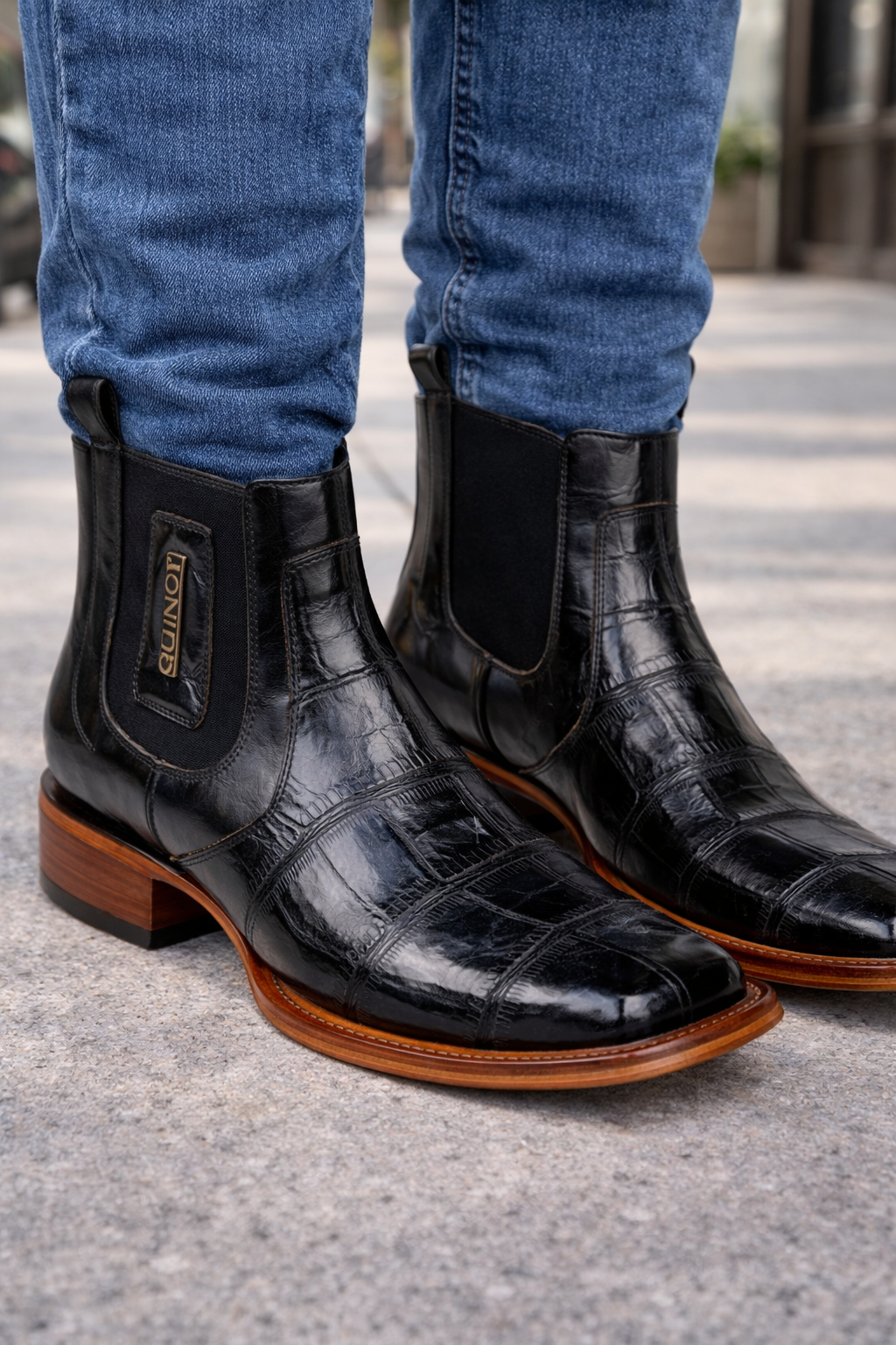 Caiman Belly Print Leather Square Toe Boots