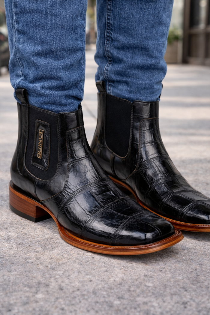 Caiman Belly Print Leather Square Toe Boots