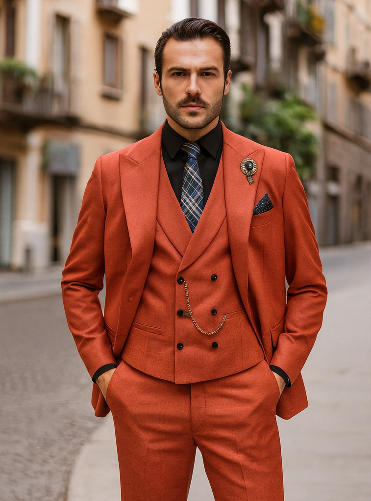 Men’s Red 3-Piece Suit with Vest and Chain