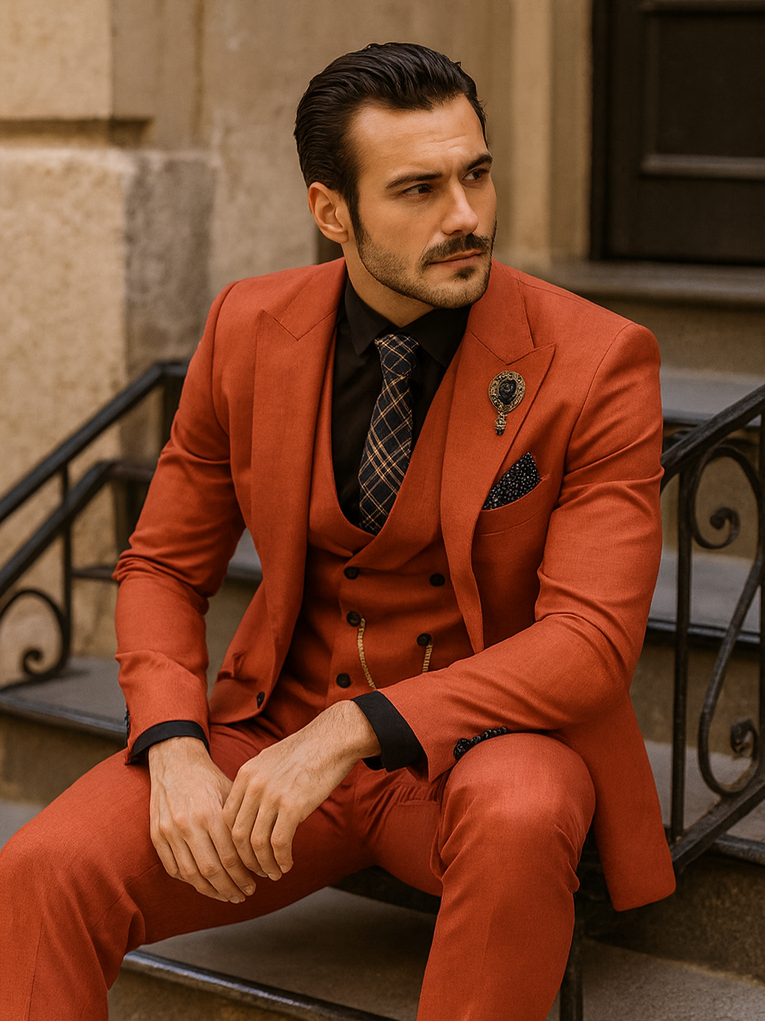 Men’s Red 3-Piece Suit with Vest and Chain