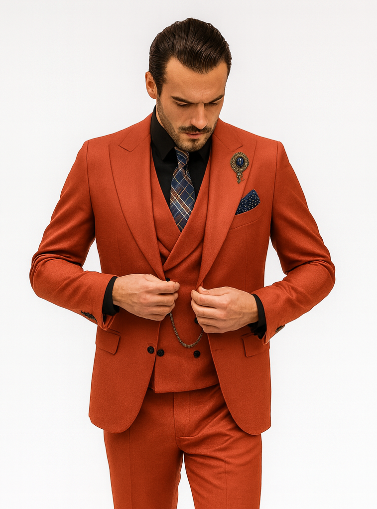 Men’s Red 3-Piece Suit with Vest and Chain