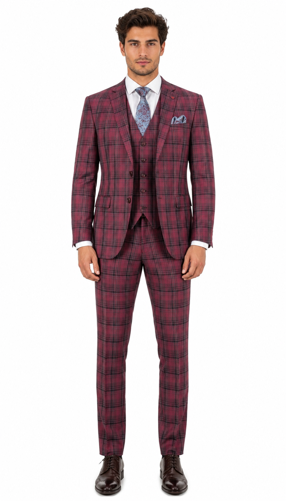Red Burgundy Plaid 3-Piece Suit for Men