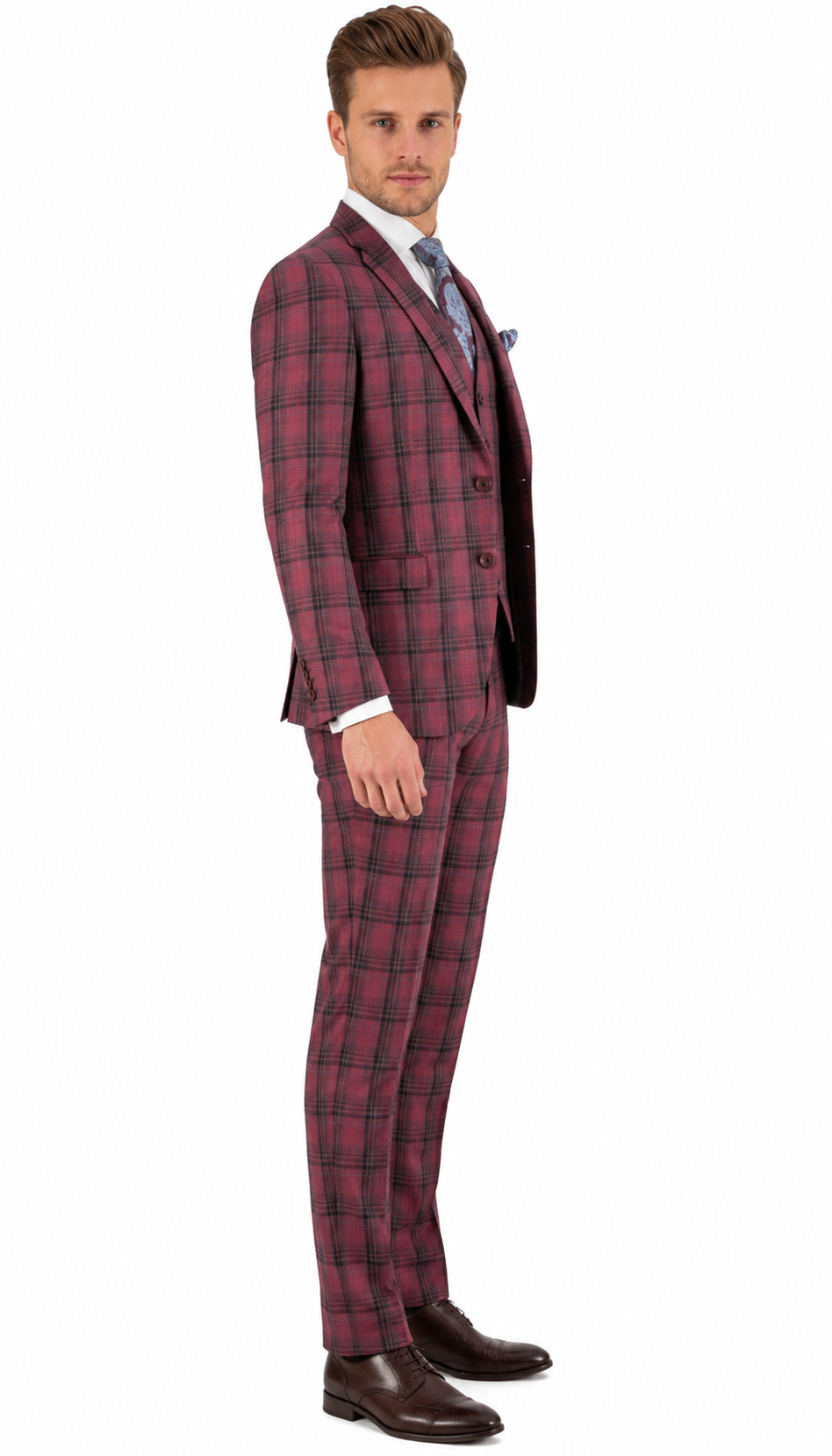 Red Burgundy Plaid 3-Piece Suit for Men