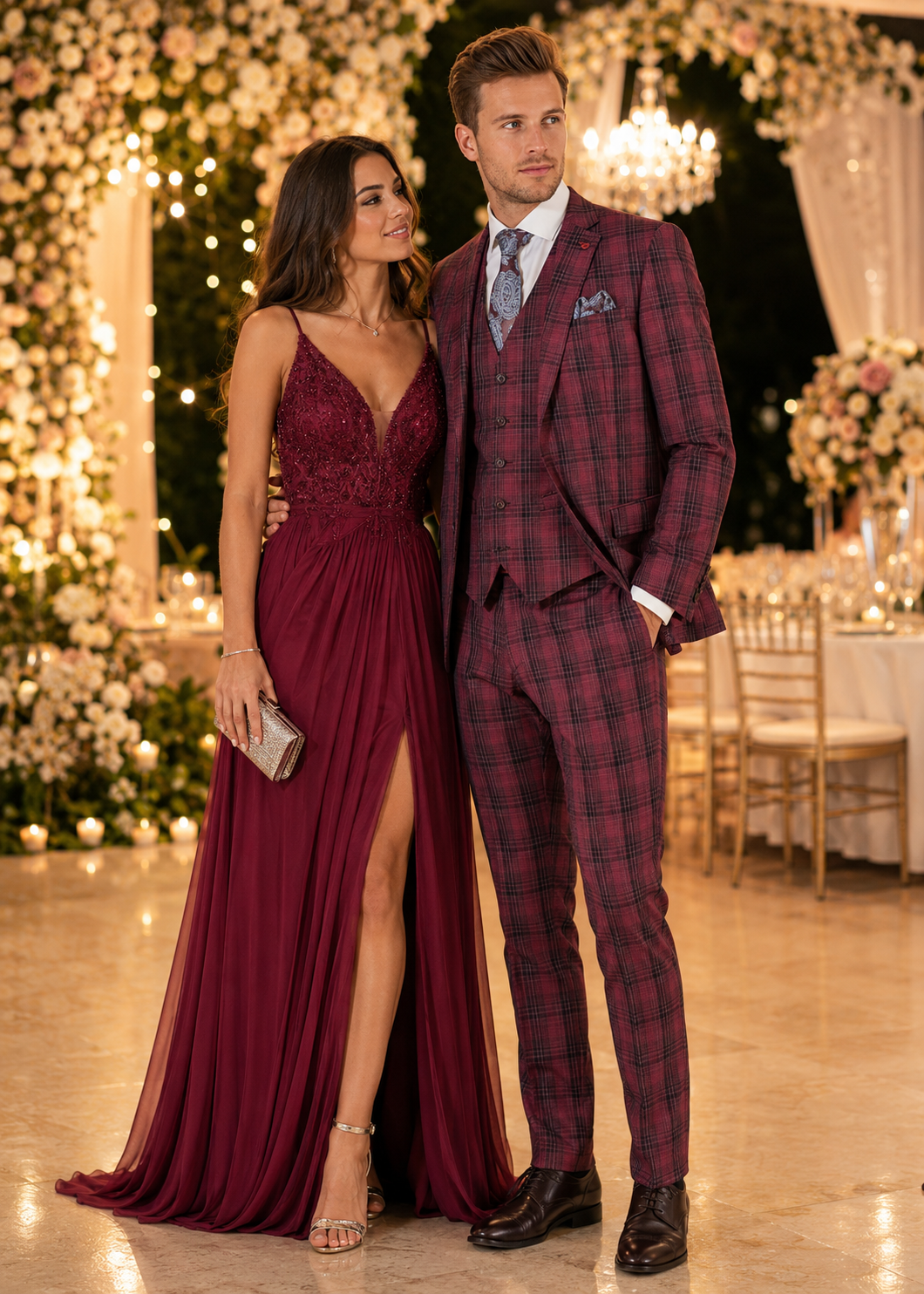 Red Burgundy Plaid 3-Piece Suit for Men