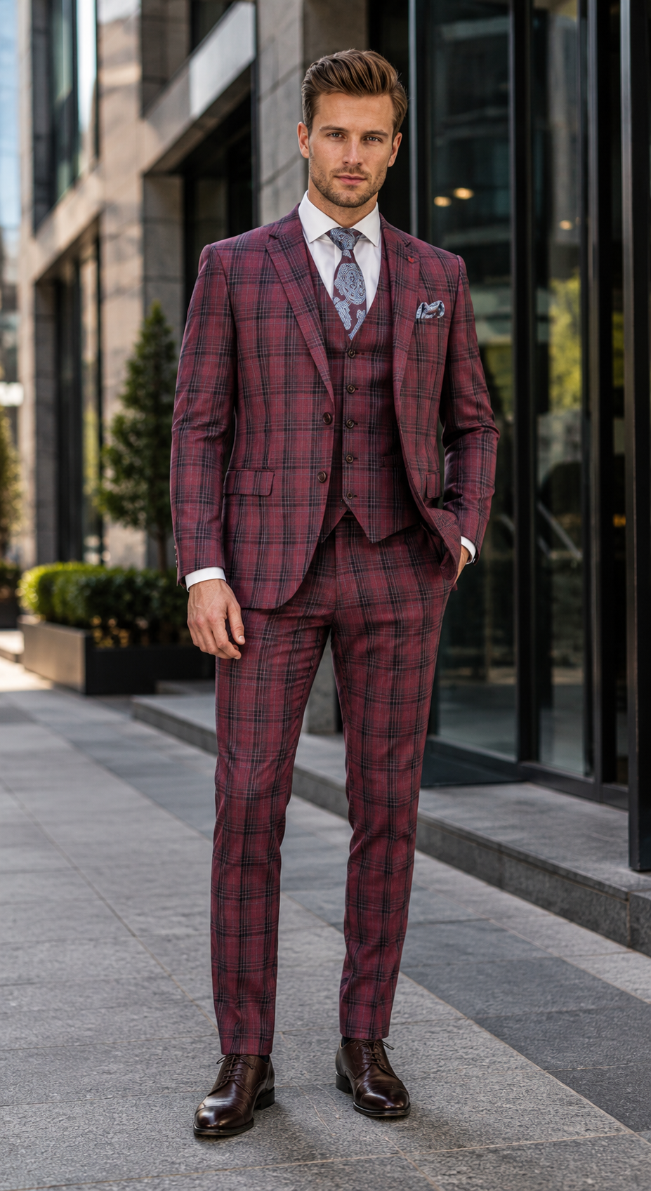 Red Burgundy Plaid 3-Piece Suit for Men